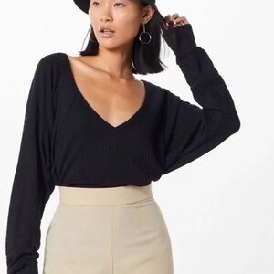 NWT Free People Santa Clara Black Ribbed V-Neck Sweater